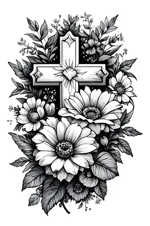 Flowers Wrapped Cross Garden Scene Fine Line Drawing