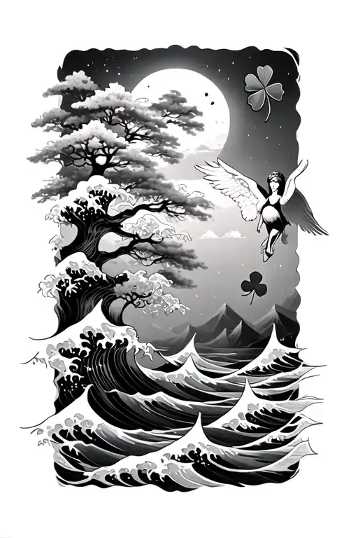 Waves With Japan Tree And A Falling Angel And A 5 Leaf Clover