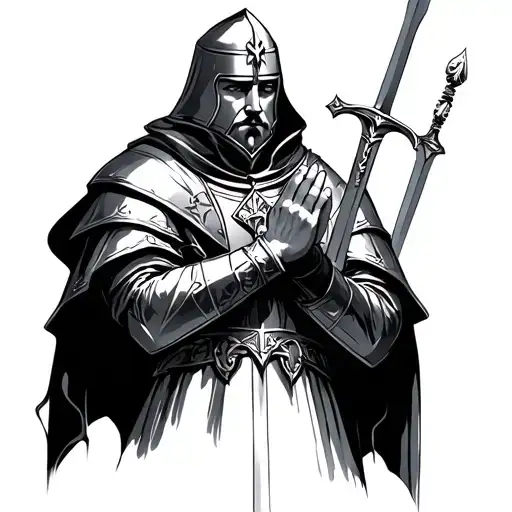 Templar Knight In Prayer With Sword