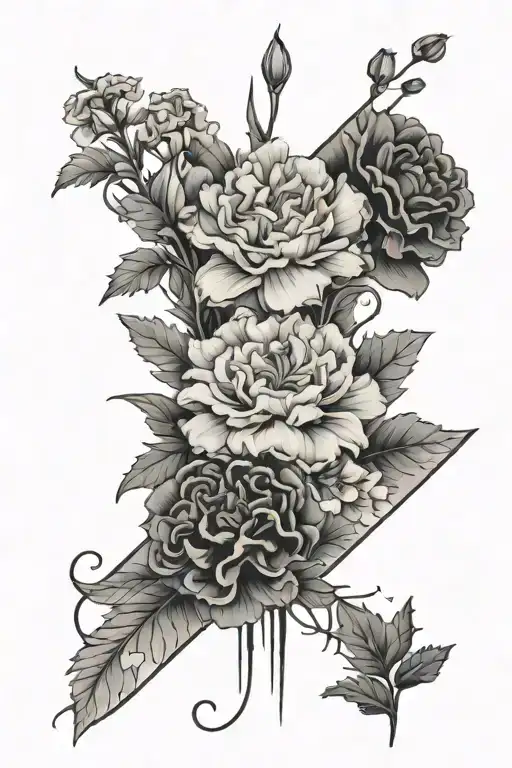 Fine Line Flowers With Two Crossed Carnations At The Top For Spine