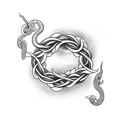 A Black-grey Tattoo Of A Tarot Card Featuring Snakes Intertwining With Flowers And Vines