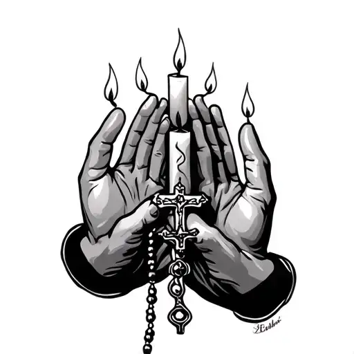 Two Burning Candles On Iether Side Of Praying Hands Holding A Rosary
