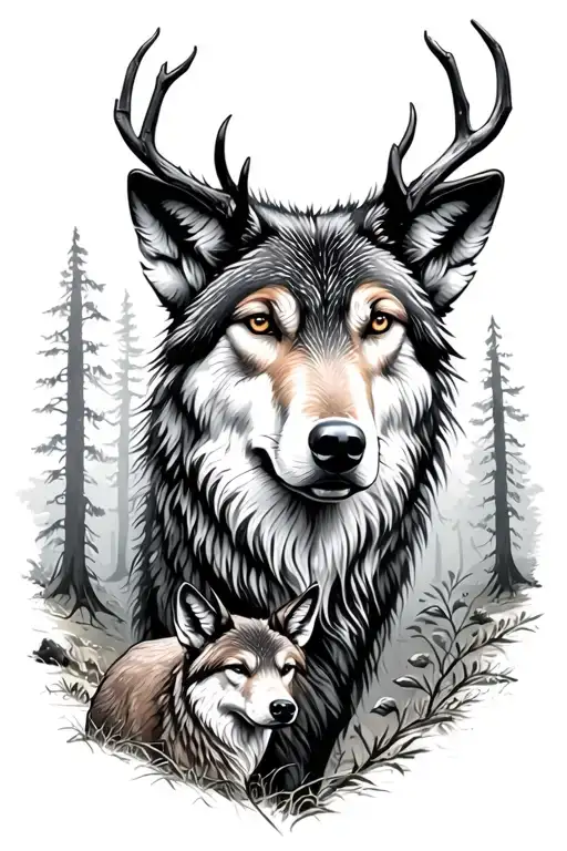 Wolf And Deer In The Woods Surrounded