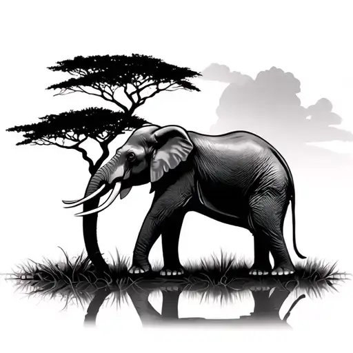 Elephant In The Savannah With Tree Silhouette Surrounded