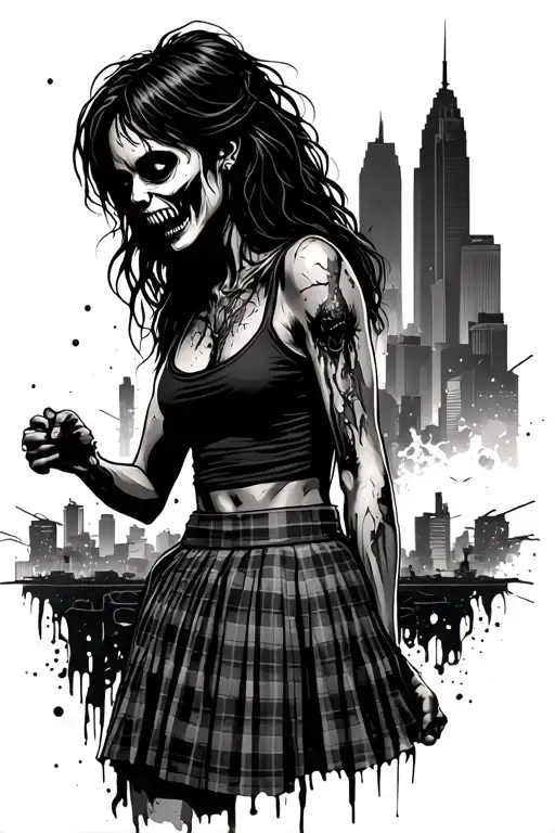 Pretty Zombie Woman Wearing Plaid Skirt With Destroyed Atlanta City In Background