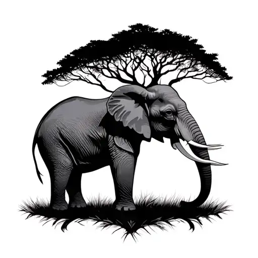 Elephant In The Savannah With Tree Silhouette Surrounded Minimalism
