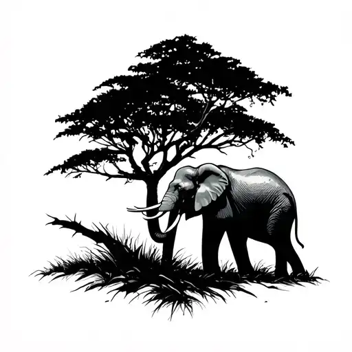 Elephant In The Savannah With Tree Silhouette Surrounded Minimalism Fine Line