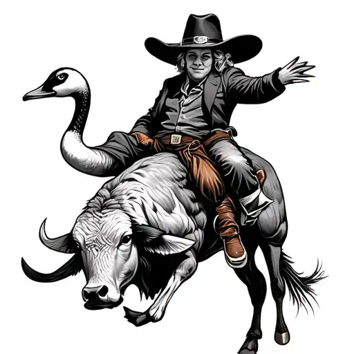Goose Riding Bull With Cowboy Hat