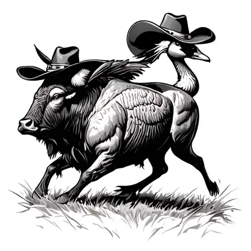 Goose Riding Bull With Cowboy Hat
