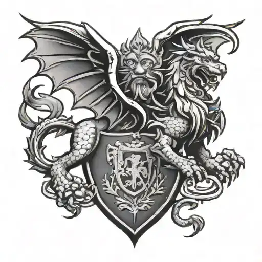 Neotraditional Welsh Dragon And St Marks Lion Holding Shield With Eagle On It