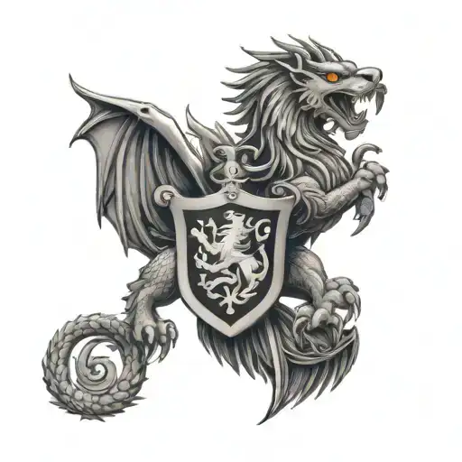 Neotraditional Welsh Dragon Facing St Marks Lion Holding Shield With Eagle On It