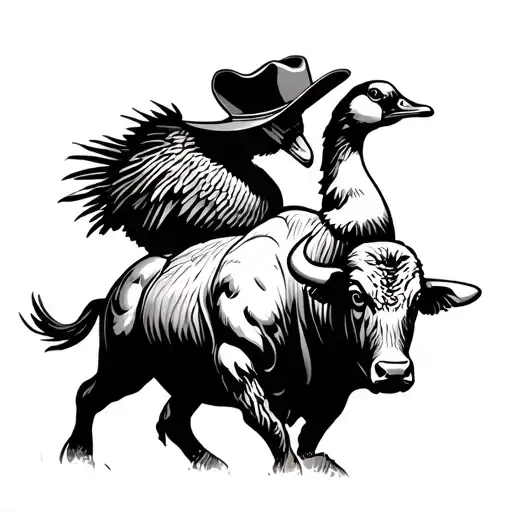 Goose With Cowboy Hat Riding A Bull