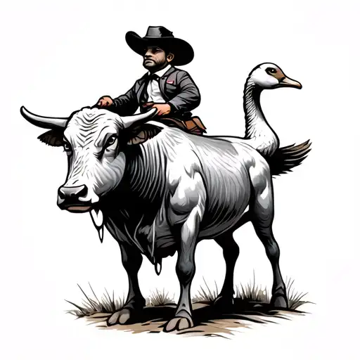 Goose With Cowboy Hat Riding A Bull