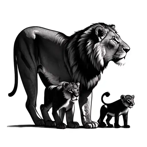 Lion Lioness And 3 Cubs