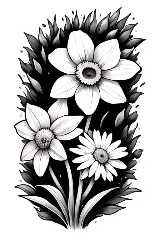 1 Daffodil And Two Daisies Falling