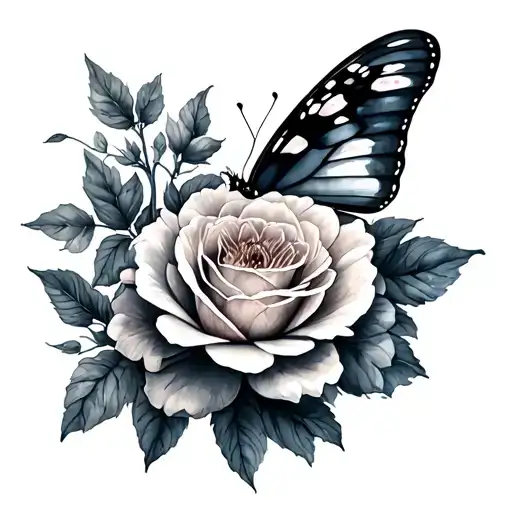 Water Color Tattoo Of A Butterfly And A Wild Rose