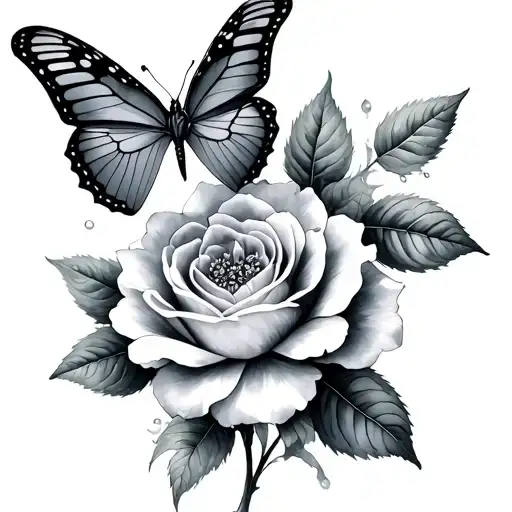Water Color Tattoo Of A Butterfly And A Wild Rose