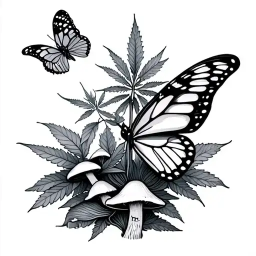 Water Color Tattoo Of A Butterfly And A Cannabis Plant And Magic Mushrooms