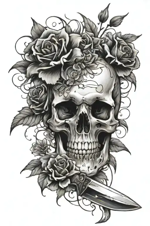 Flowers Surounding A Scull With A Knife Stabing Through It