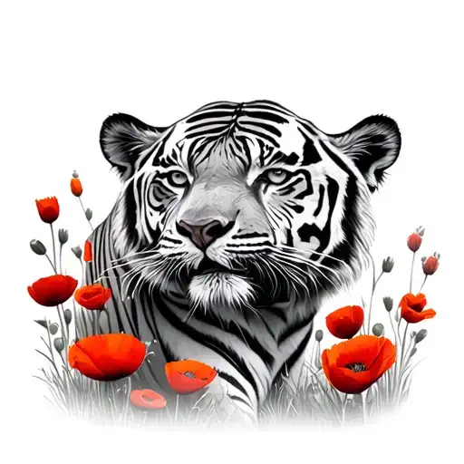 Older Tiger And Younger Tiger In Poppies Blooming