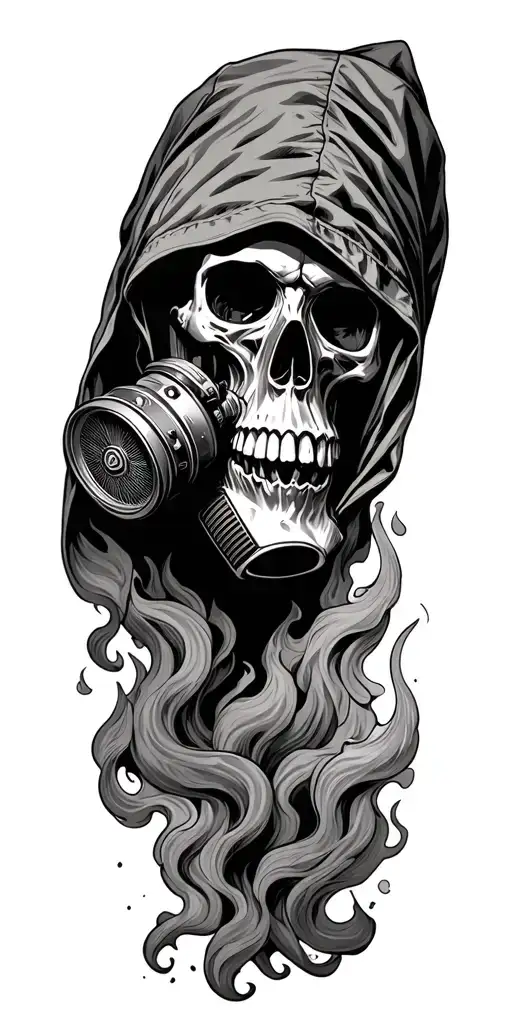 Skull Wearing A Hood And Gas Mask With A Firey Smoky Vally In Background