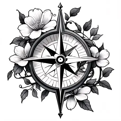 Compass Tattoo With Jasmine Flowers And Vine Wrapping