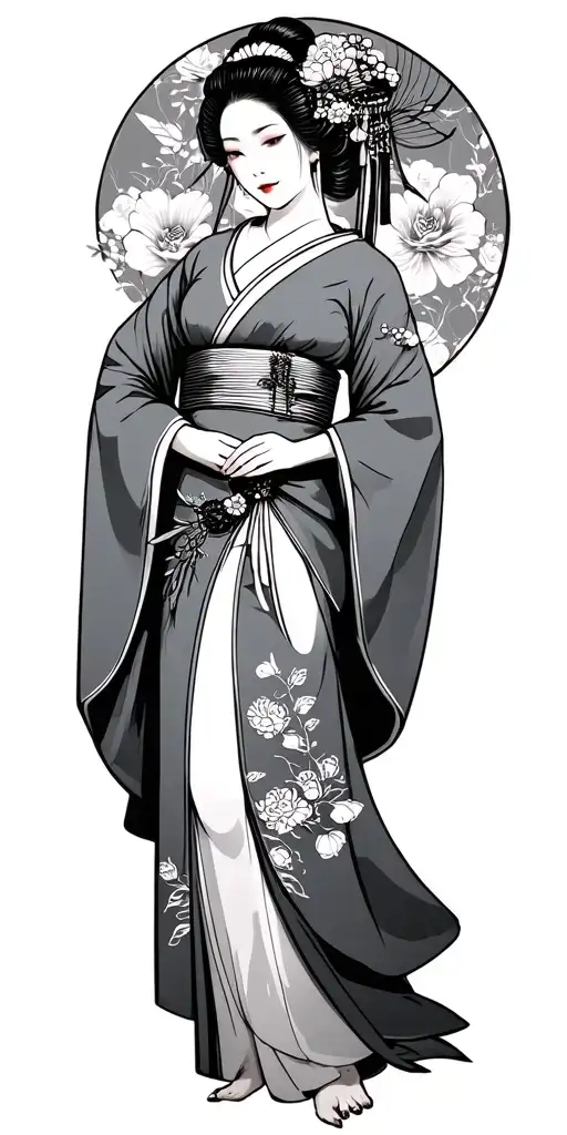 Full Body Geisha Scantily Dressed With Beautiful Background