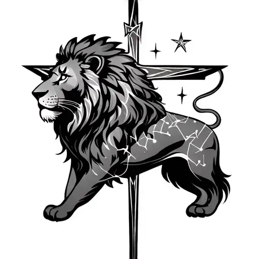 Cross Tattoo With Lion And Star Constellation