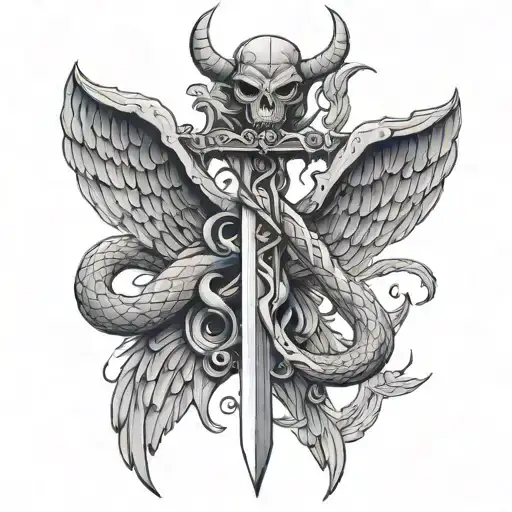 Sword With One Angel Wing And One Demon Wing With A Snake Wrapped Around The Blade