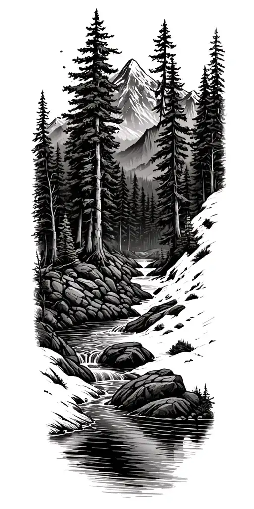 Forest With River Flowing And Mountain Range