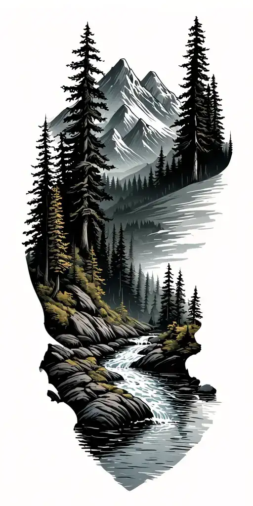 Forest With River Flowing And Mountain Range Silhouette