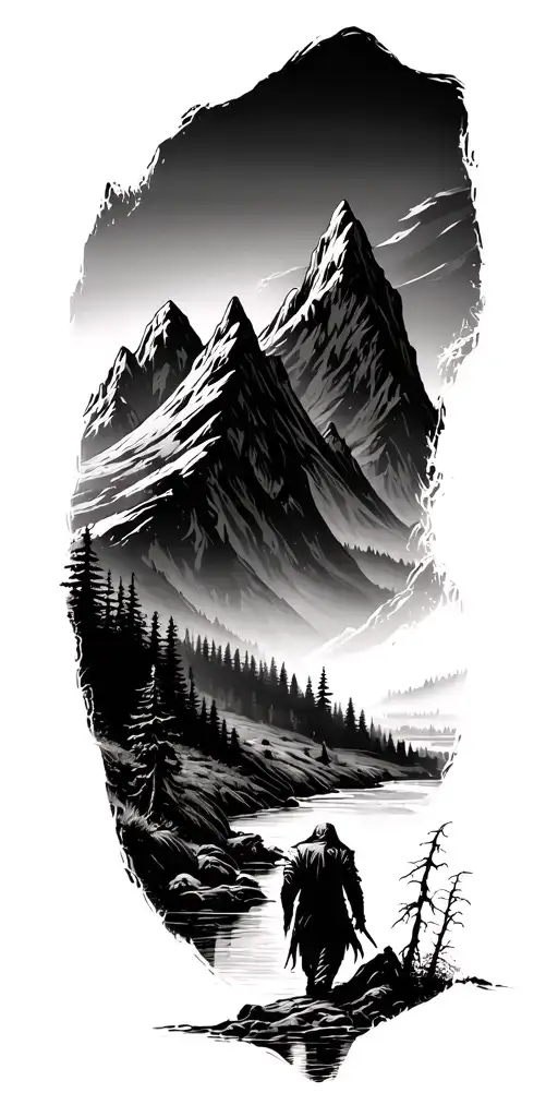 Forest With River Flowing And Mountain Range Silhouette With A Reaper Walking Through Valley