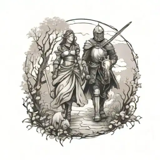 Knight And Maiden Walking Forest Road