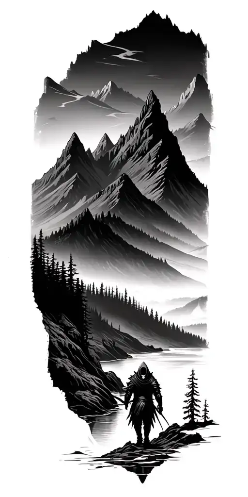 Forest With River Flowing And Mountain Range Silhouette With A Reaper Walking Through Valley