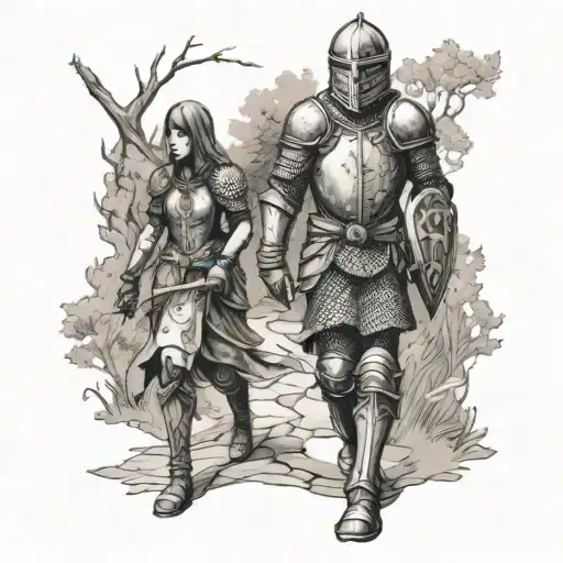 Knight In Chainmail And Maiden Walking Forest Road