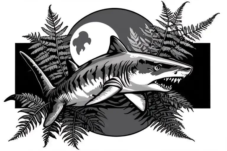 Tiger Shark Turning With Ferns Behind It And The Moon And An Armband Next To It