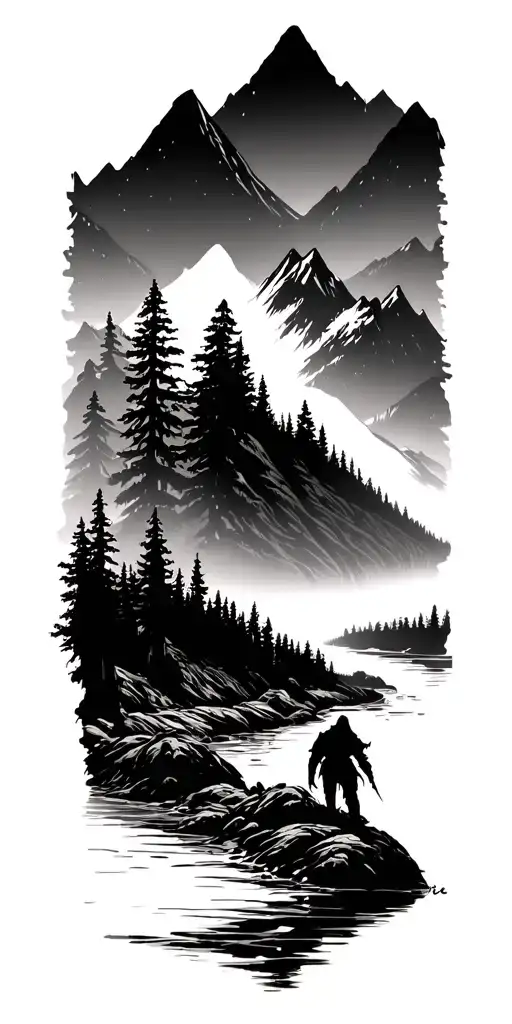 Forest With River Flowing And Mountain Range Silhouette With A Reaper Walking Through Valley