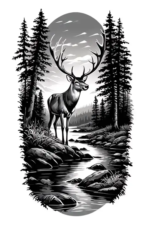Outdoor Scene With Stream And Silhoutte Of A Whitetail Deer