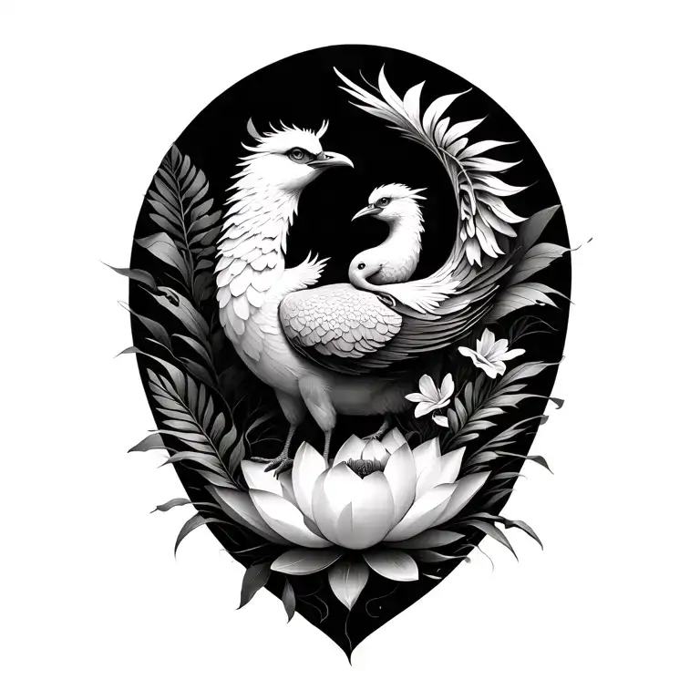 A Minimalistic Mama And Baby Phoenix Resting On A Lotus Surrounded By Tropical Leaves And Flowers