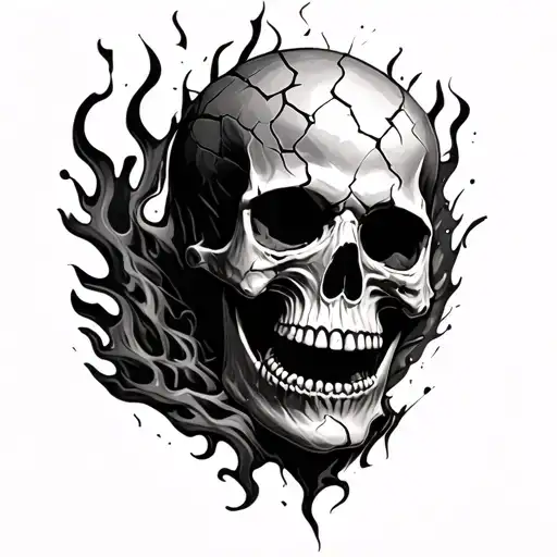 Realism Black And Great Horror Tattoo Cracked Skull And Fire
