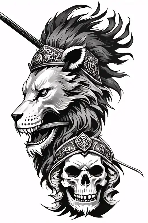 Skull Lion And Samurai Warrior