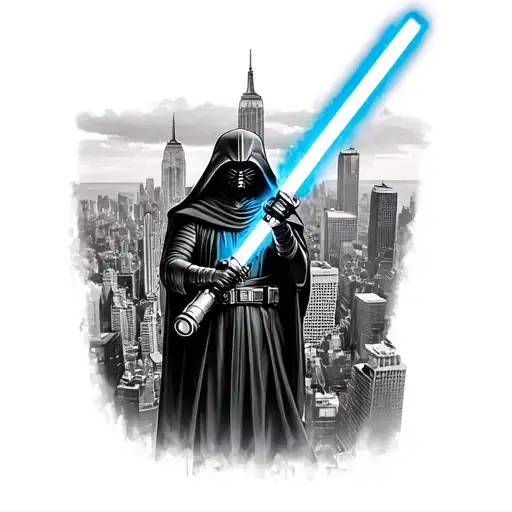 Sceptiles Silute Together With The Silute Of A Lightsaber Over The New York City Skyline