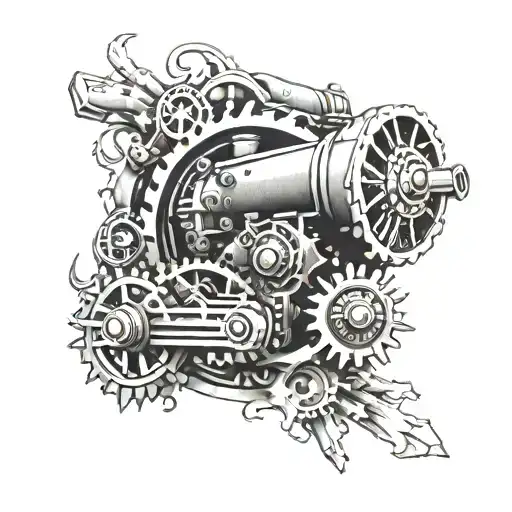 A Black-grey Tattoo Of A Roaring Engine With Flames And Gears Symbolizing Speed And Adventure