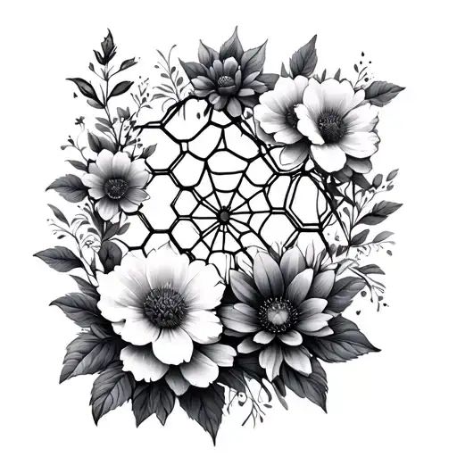 Honeycomb Background And Spider Web With Botanical Flowers