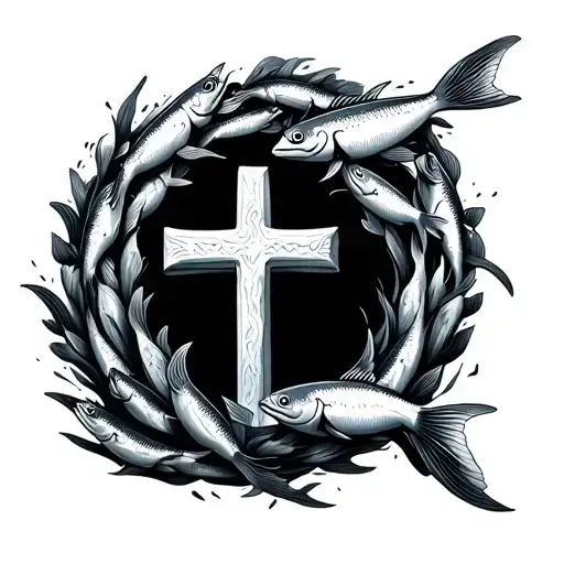 Many Small Fish Swimming In A Circle Around And Not Touching A Cross
