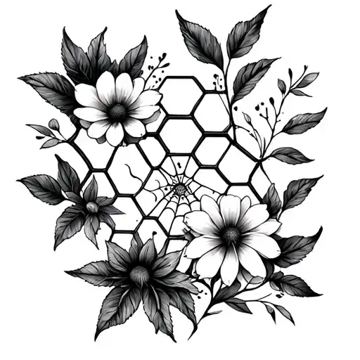 Honeycomb And Spider Web With Botanical Flowers