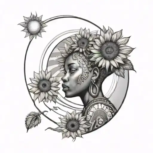 An African Girl Coming Out Of A Sunflower Into A Portal That Leads To The Sky