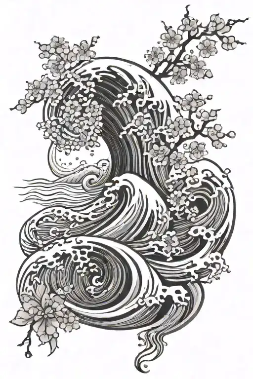 Waves With Cherry Blossoms Gentle Design