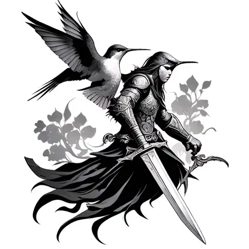 Warrior Holding Sword With A Humming Bird Flying