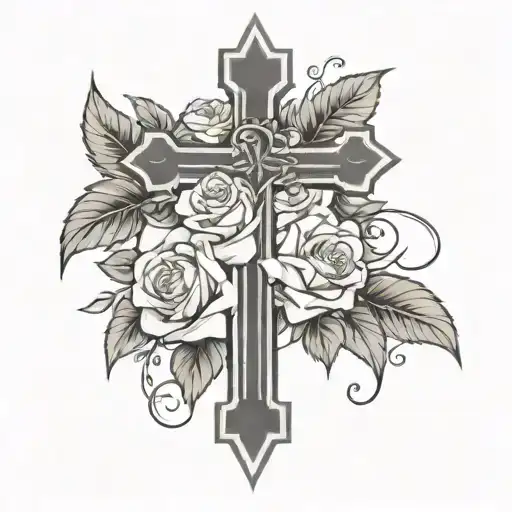 Christian Cross With White Roses Blooming